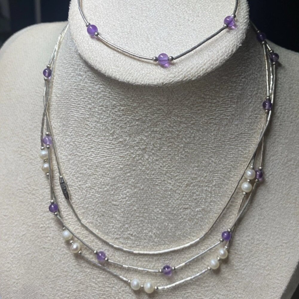 Vintage Silver Amethyst & Pearl Jewelry Set – 2 Necklaces and Bracelet